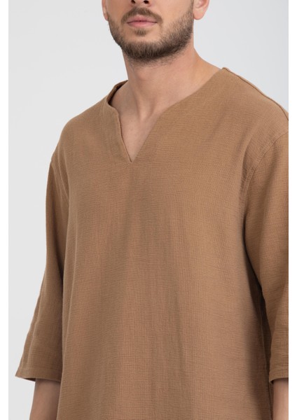 Erkek %100 Pamuklu V Yaka Kısa Kollu Gömlek - Konforlu ve Modern Stil