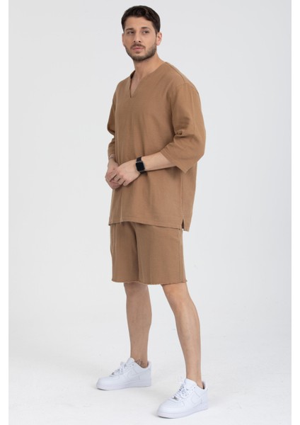 Erkek %100 Pamuklu V Yaka Kısa Kollu Gömlek - Konforlu ve Modern Stil