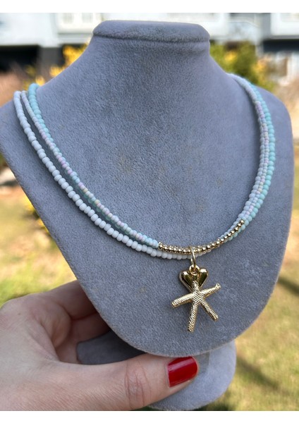 Kadın Beyaz Yeşil 3 Lü Görünüm El Yapımı Kum Boncuk Kolye Aksesuar Takı modelleri