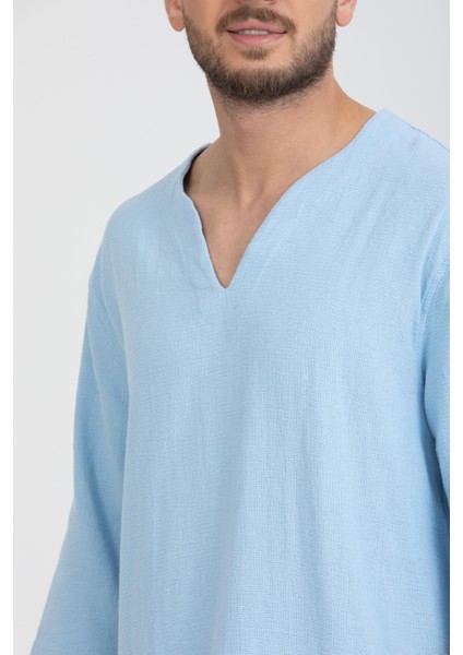 Erkek %100 Pamuklu V Yaka Kısa Kollu Gömlek - Konforlu ve Modern Stil