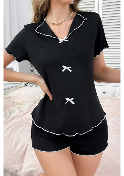 Pamuklu Fiyonk Detaylı Şortlu Pijama Takımı