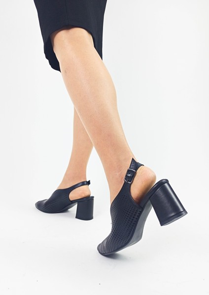 Deri Siyah Renk Lazer Kesim Kalın Topuk Kadın Topuklu Sandalet fırsatları