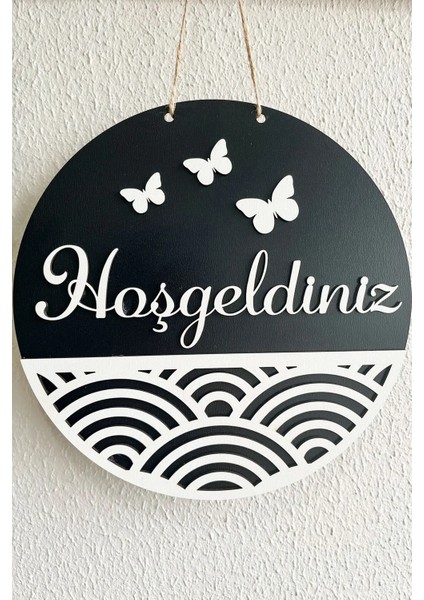 Hoşgeldiniz Yazılı Kapı Süsü - Siyah Beyaz Mdf Geometrik Şekil ve Kelebek Süslemeli 25 cm fiyatları