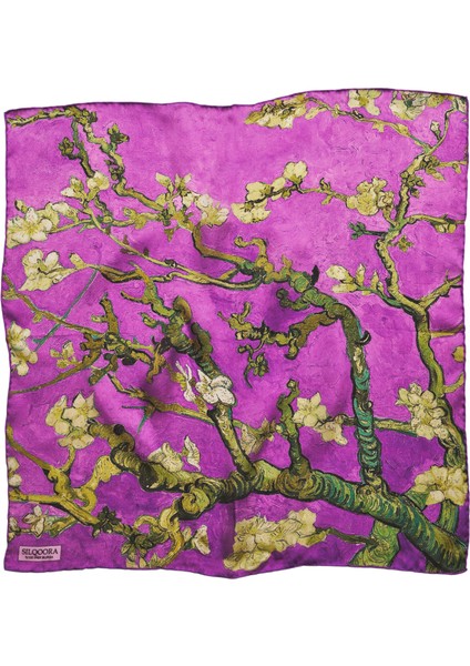 %100 Ipek Bandana FULAR(55X55 Cm) - Vincent Van Gogh (Badem Ağacı Mor)