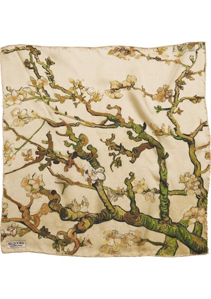 %100 Ipek Bandana FULAR(55X55 Cm)-Vincent Van Gogh(Badem Ağacı Beyaz)