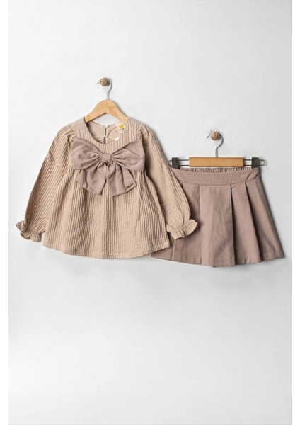 Fiyonk Detaylı Müslin Pamuklu Kız Çocuk etekli takım - Pudra