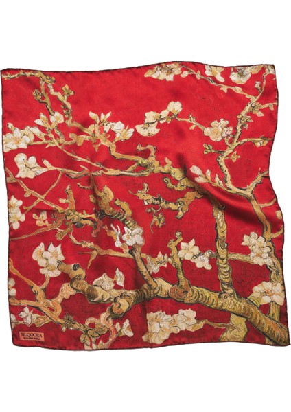 %100 Ipek Bandana FULAR(55X55 Cm)-Vincent Van Gogh (Badem Ağacı Kırmızı)