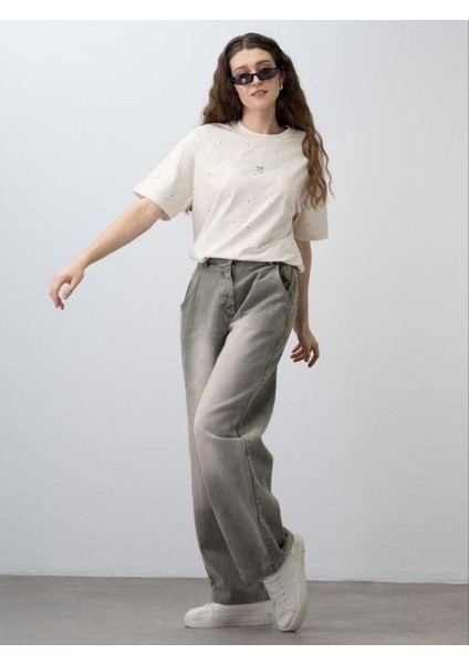 Kız Çocuk Kordon Detaylı Oversize Denim Pantolon