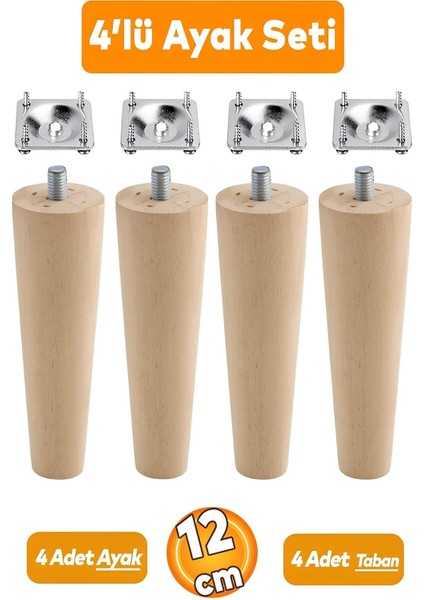 Ahşap Mobilya Koltuk Kanepe Ayağı 12 cm M8 Civatalı Bağlantı Aparatlı 4'lü Set