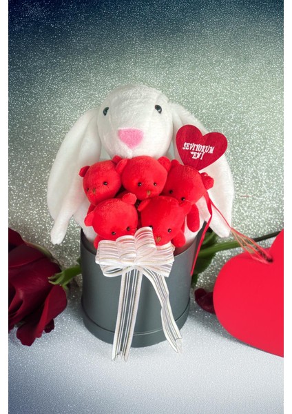 Premium Özel Hediye Kutusunda 45 cm Beyaz Bunny Tavşan ve 5 Adet Kırmızı Peluş Ayıcık Buketi fiyatları