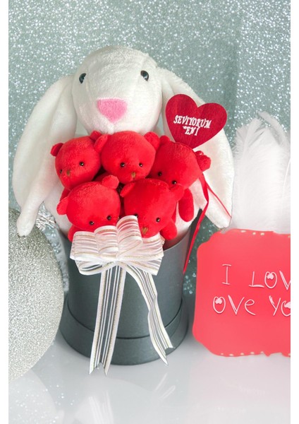 Premium Özel Hediye Kutusunda 45 cm Beyaz Bunny Tavşan ve 5 Adet Kırmızı Peluş Ayıcık Buketi fırsatları