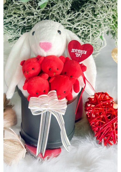 Premium Özel Hediye Kutusunda 45 cm Beyaz Bunny Tavşan ve 5 Adet Kırmızı Peluş Ayıcık Buketi indirimleri