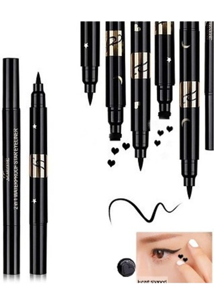 Çift Taraflı Kalp ve Yıldız Desenli Siyah Eyeliner Kalem 2'li Set Suya Dayanıklı Uzun Ömürlü fiyatları