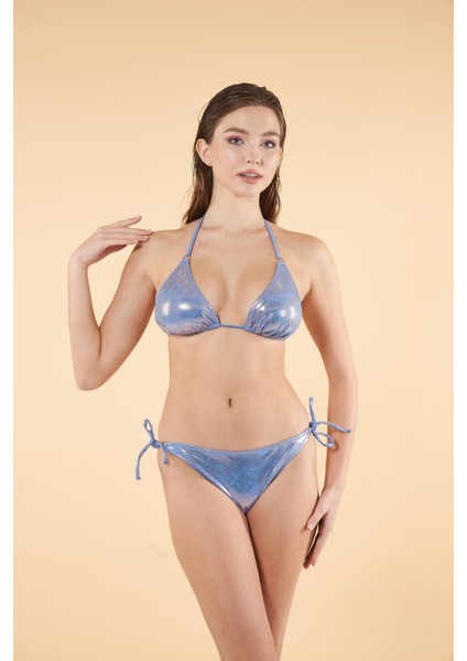 Aksesuarlı Üçgen Bikini Takımı - Mavi