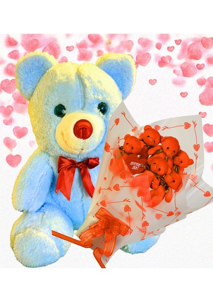 Sevimli 35 cm Peluş Ayı ile Premium Yumoş Kırmızı Peluş Ayıcık Buketi
