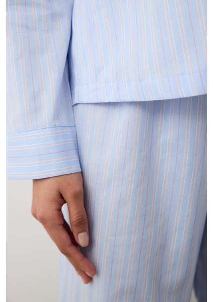 Pamuklu Düğmeli Mila Pamuklu Gömlek Pantolon Açık Mavi Pijama Takımı
