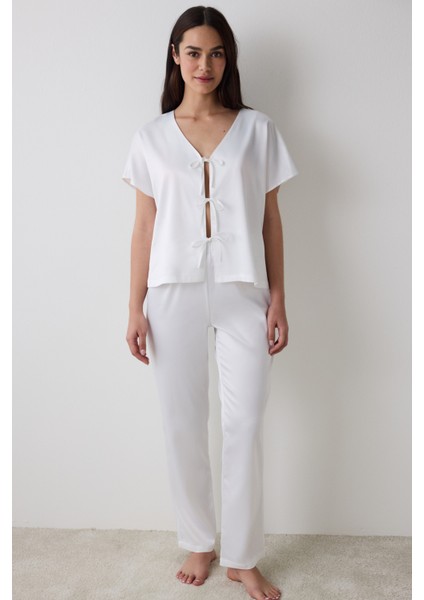 Bridal Saten Gömlek Pantolon Kırık Beyaz Pijama Takımı