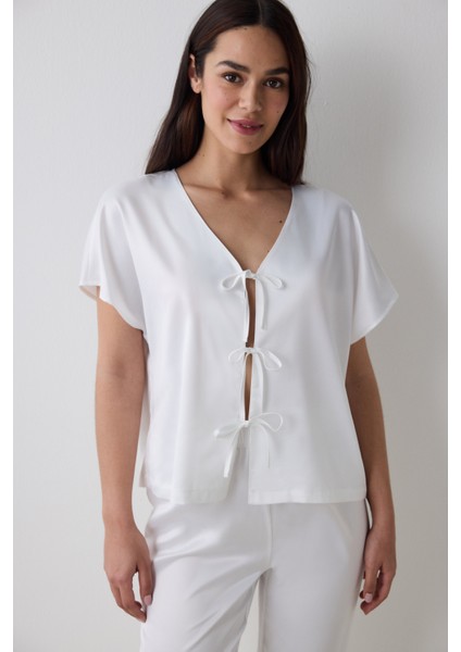 Bridal Saten Gömlek Pantolon Kırık Beyaz Pijama Takımı modelleri