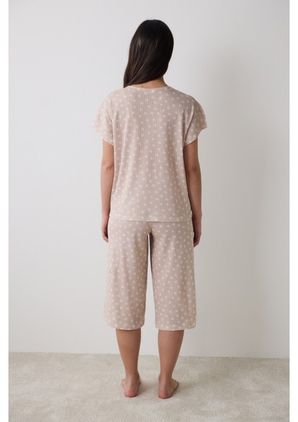 Pamuklu Lucy Pointel Bej Kapri Pijama Takımı