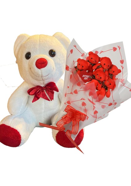 Sevimli 35 cm Peluş Ayı ile Premium Yumoş Kırmızı Peluş Ayıcık Buketi