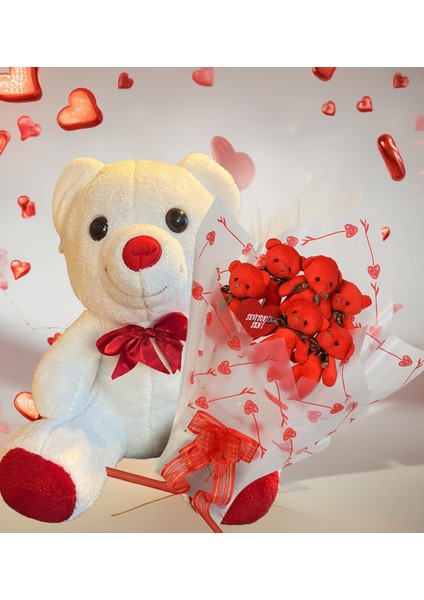 Sevimli 35 cm Peluş Ayı ile Premium Yumoş Kırmızı Peluş Ayıcık Buketi fiyatları