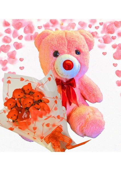 Sevimli 35 cm Peluş Ayı ile Premium Yumoş Kırmızı Peluş Ayıcık Buketi