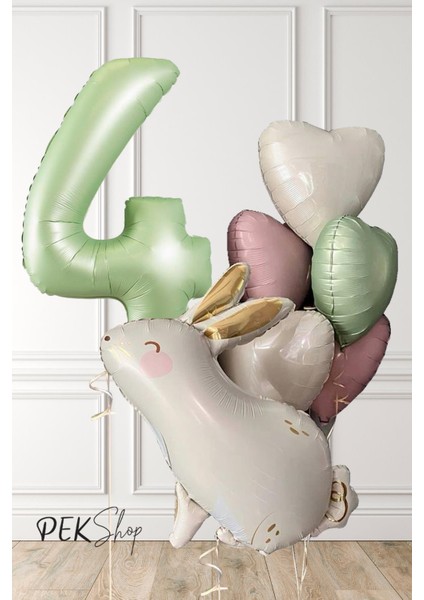 Tavşan Tema Retro Yeşil Rakamlı Kalp Balonlu Doğum Günü Balon Seti