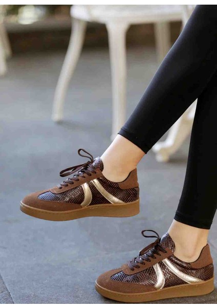Selinda Kahve Süet Baskılı Kauçuk Taban Bağcıklı Kadın Sneaker Ayakkabı