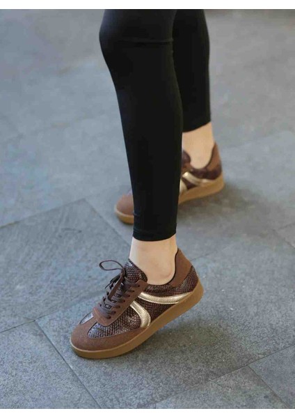 Selinda Kahve Süet Baskılı Kauçuk Taban Bağcıklı Kadın Sneaker Ayakkabı