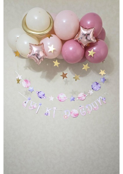 Pembe Uzay Konsept Bannerlı Doğum Günü Balon Zinciri Seti