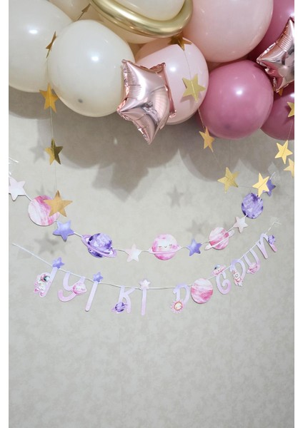 Pembe Uzay Konsept Bannerlı Doğum Günü Balon Zinciri Seti modelleri