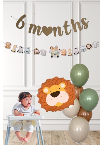 Safari Tema Aslan Balonlu 6 Aylık Yarım Yaş Partisi Balon Zinciri Seti 6 Months Bannerlı