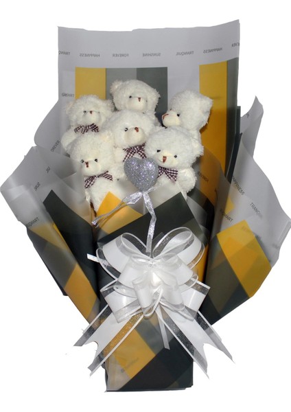 Elegance Peluş Ayıcık Buketi - 6 Adet Yumoş Peluş Ayıcık ve Simli Gümüş Kalp ile Özel Büyük Kutuda