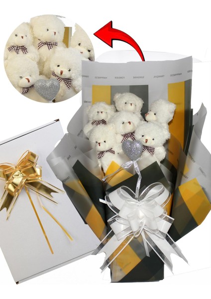 Elegance Peluş Ayıcık Buketi - 6 Adet Yumoş Peluş Ayıcık ve Simli Gümüş Kalp ile Özel Büyük Kutuda