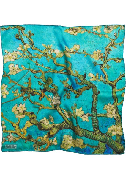 %100 Ipek Bandana FULAR(55X55 Cm) - Vincent Van Gogh (Badem Ağacı Yeşil)