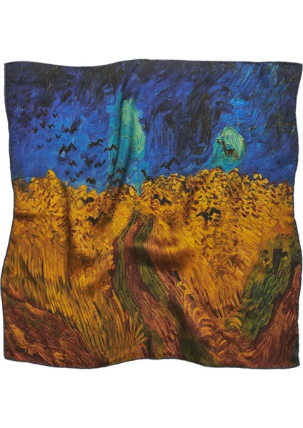 %100 Ipek Bandana FULAR(55X55 Cm)-Vincent Van Gogh (Buğday Tarlası ve Kargalar)