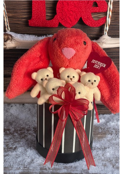 Premium Özel Hediye Kutusunda 45 cm Mercan Bunny Tavşan ve 5 Adet Krem Peluş Ayıcık Buketi modelleri