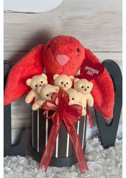Premium Özel Hediye Kutusunda 45 cm Mercan Bunny Tavşan ve 5 Adet Krem Peluş Ayıcık Buketi fırsatları