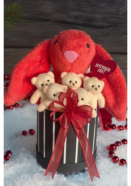 Premium Özel Hediye Kutusunda 45 cm Mercan Bunny Tavşan ve 5 Adet Krem Peluş Ayıcık Buketi indirimleri