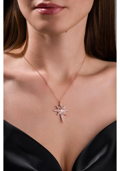 Gümüş Rose Beyaz Zirkon Taşlı Kutup Yıldızı Serenay Kolye