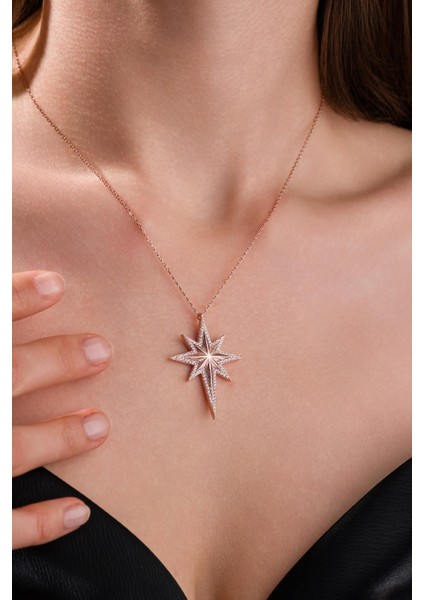 Gümüş Rose Beyaz Zirkon Taşlı Kutup Yıldızı Serenay Kolye fiyatları