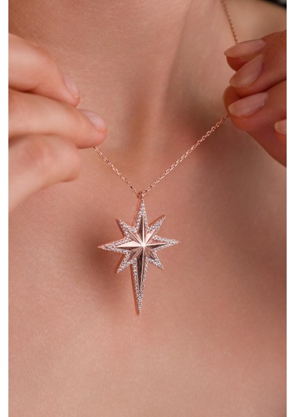 Gümüş Rose Beyaz Zirkon Taşlı Kutup Yıldızı Serenay Kolye modelleri