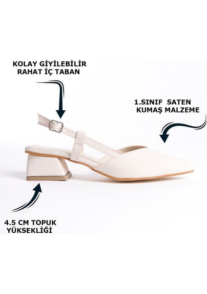Krem Alçak Kalın Topuklu Yandan Tokalı Kadın Abiye Klasik Topuklu Ayakkabı