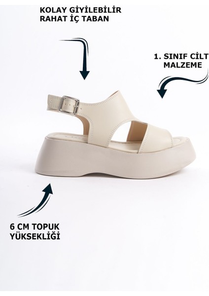 Krem Yüksek Taban Üstü Kapalı Yanları Açık Tokalı I Yazlık Kadın Dolgu Topuklu Sandalet