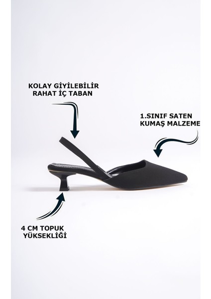 Siyah Alçak Ince Topuklu Süet Yandan Lastikli Kadın Abiye Klasik Topuklu Ayakkabı