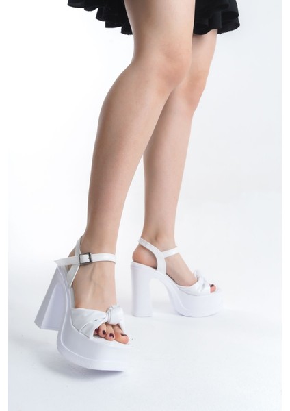 Yüksek Platform Dolgu Topuk Düğüm Şeritli Cilt Tokalı Yazlık Kadın Dolgu Taban Sandalet Ayakkabı