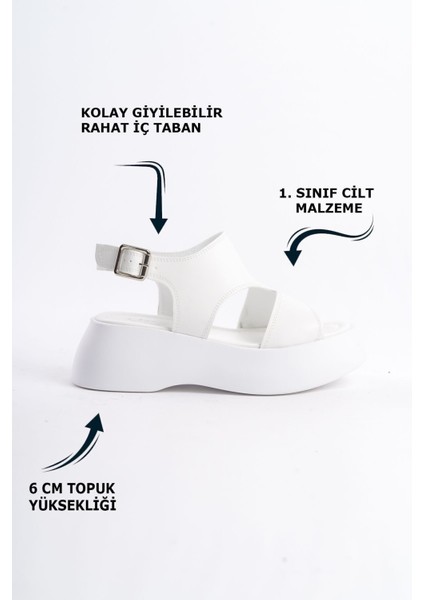 Beyaz Yüksek Taban Üstü Kapalı Yanları Açık Tokalı I Yazlık Kadın Dolgu Topuklu Sandalet fiyatları