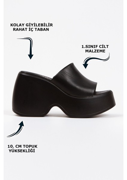 Siyah Yüksek Dolgu Topuklu Deri Tek Kalın Şeritli Önü Açık Yazlık Kadın Terlik Sandalet fiyatları