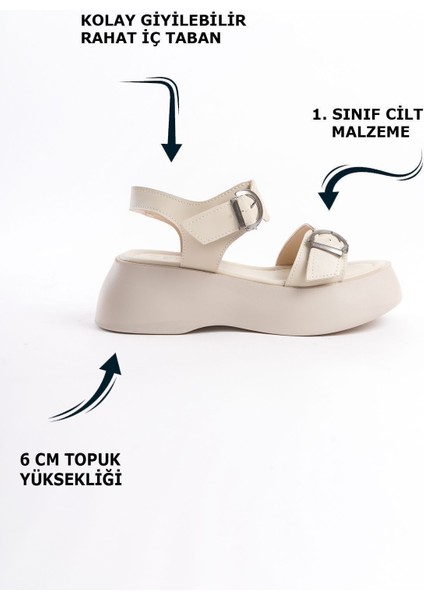 Krem Yüksek Taban Şeritli Çift Tokalı Kalın Şeritli Kadın Dolgu Topuklu Yazlık Sandalet