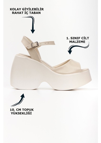 Krem Yüksek Taban Yandan Tokalı Tek Şeritli Önü Açık Cilt Yazlık Kadın Sandalet Ayakkabı fiyatları
